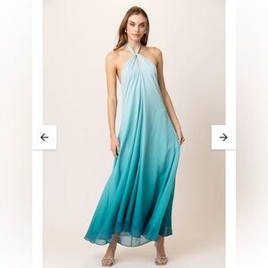 line & dot aden blue & green ombre halter neck chiffon maxi beach dress medium